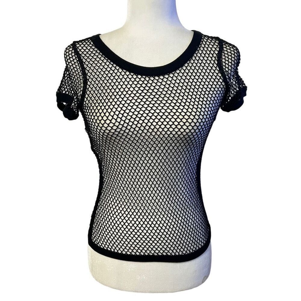 MOSCHINO NWT !! Iconic Open-Knit Short-Sleeve Mesh Top BOUTIQUE COLLECTION Black